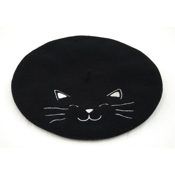 Laulhere France Heritage Beret | Black Wool, Embroidered Cat - Picture 1 of 4